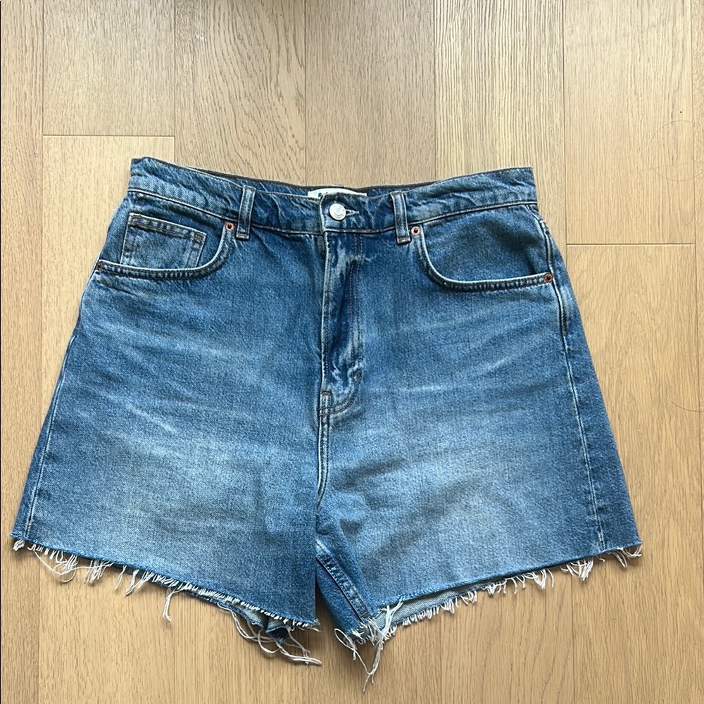 Reformation Blue Jean Shorts with Distressed Hem